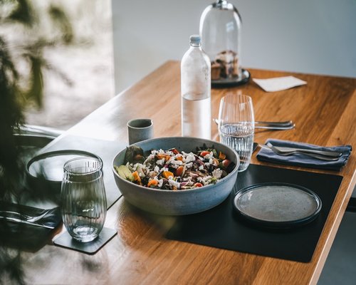 water and simple food on a table